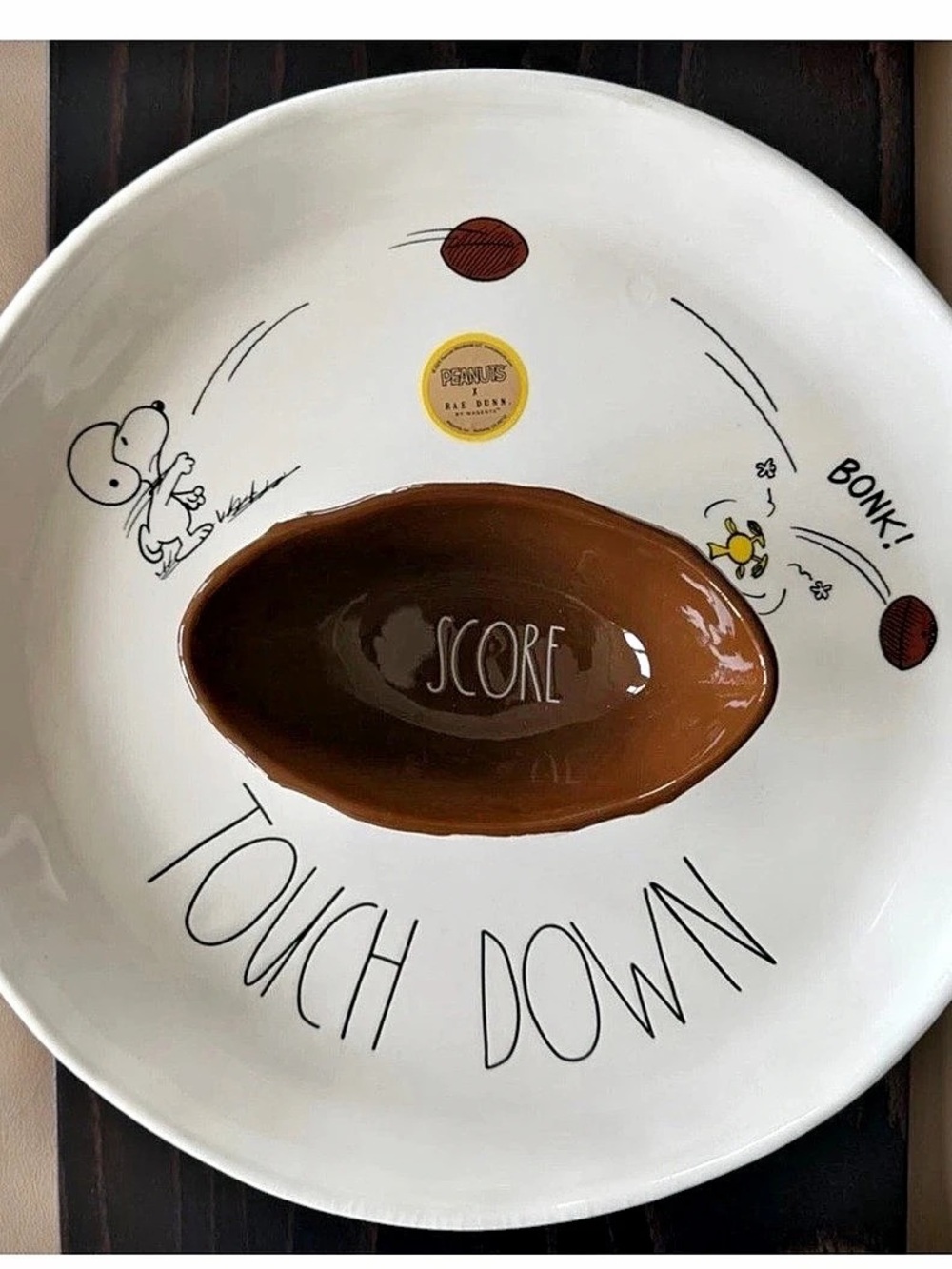Peanuts x Rae Dunn Snoopy & Woodstock Football TOUCH DOWN Chip Dip Platter Bowl